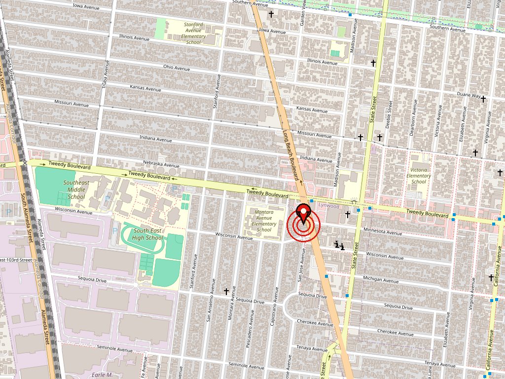 Map showing La Consentida Outlet on Long Beach Blvd in Lynwood, California