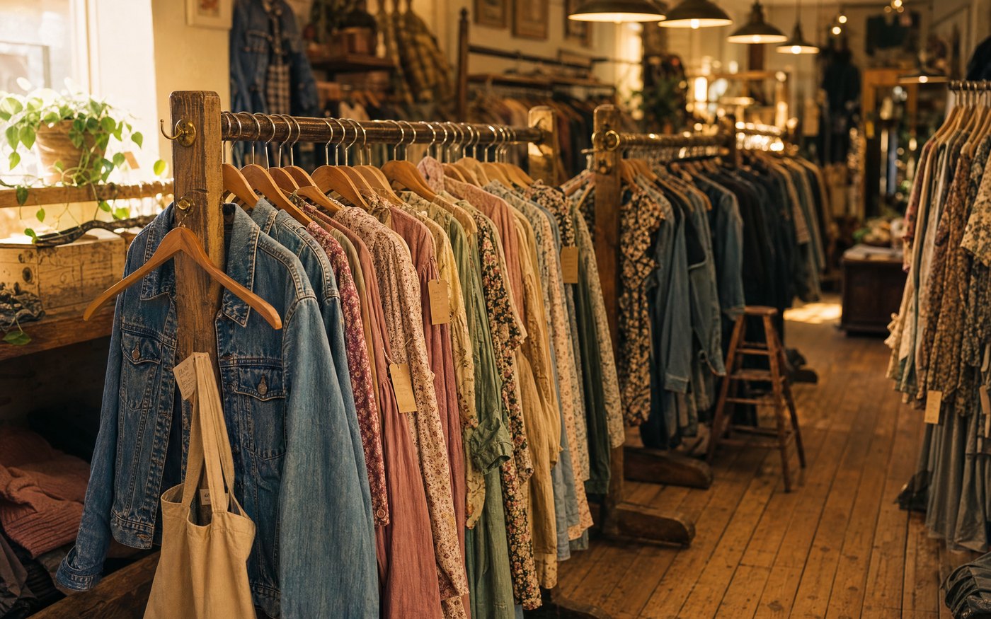 Racks of jackets, dresses and denim inside La Consentida Outlet