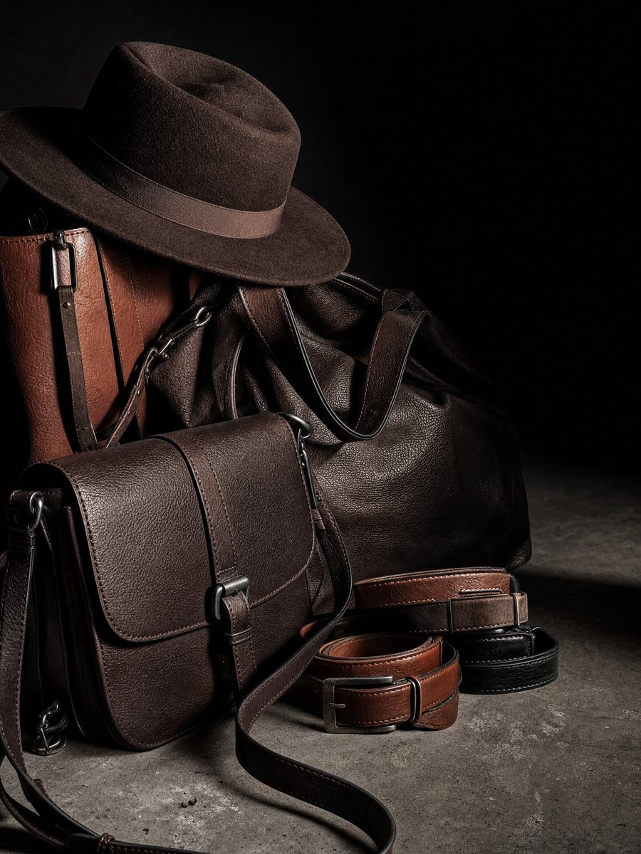 Leather bags, belts and a hat