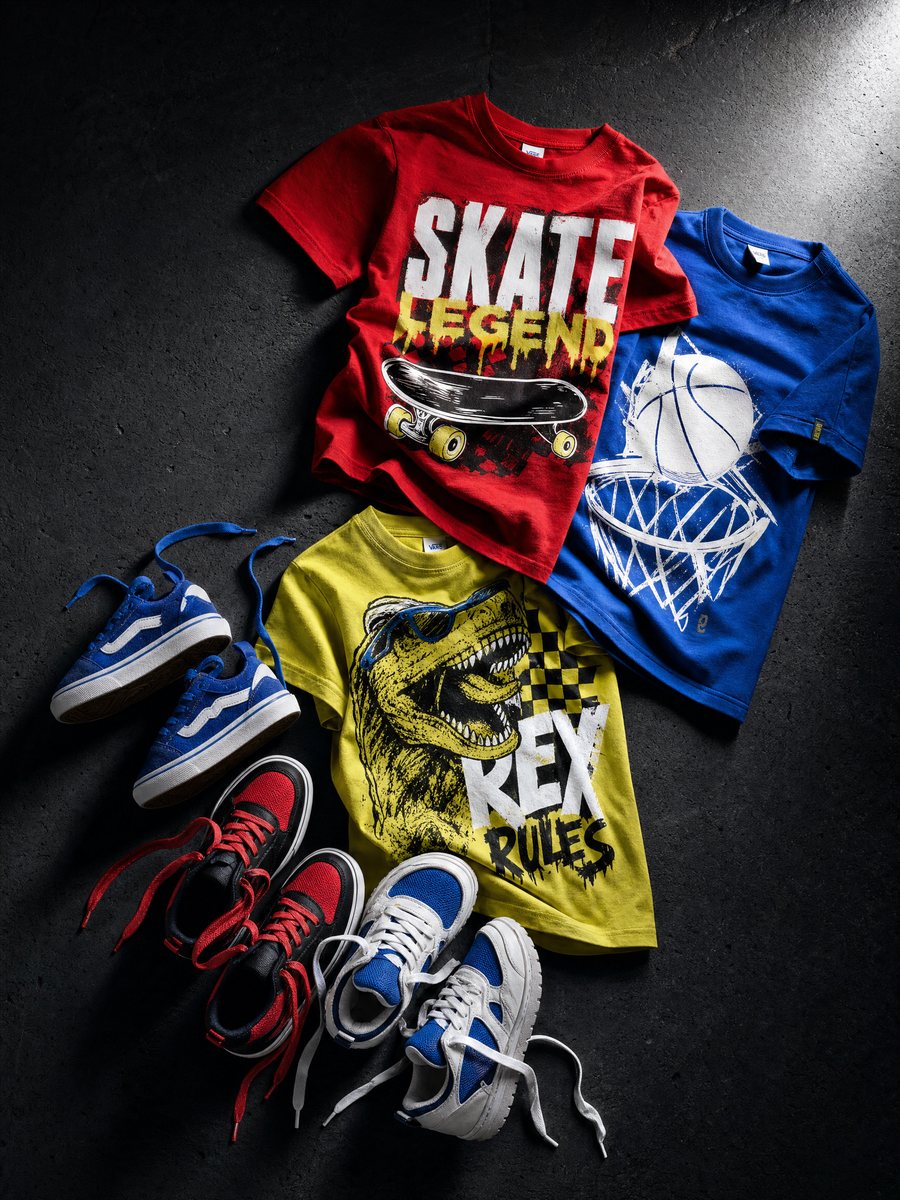 Kids graphic tees and colorful sneakers