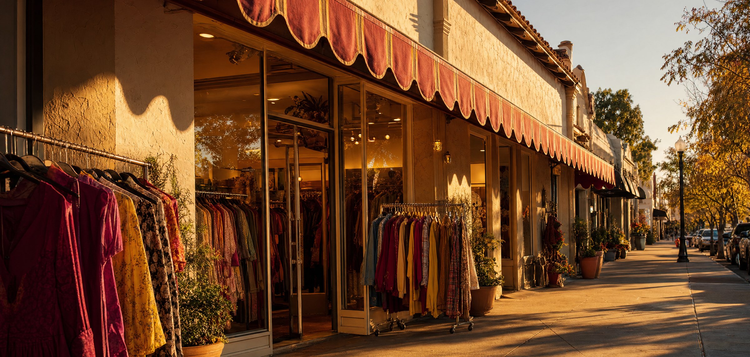 La Consentida Outlet storefront with scalloped red and gold awning and racks of clothing out front on Long Beach Blvd