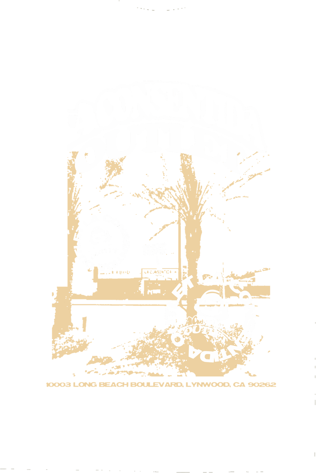 The real La Consentida Outlet screen print: arched logo over a storefront photo with palm trees, two circular shop patches, and the store address