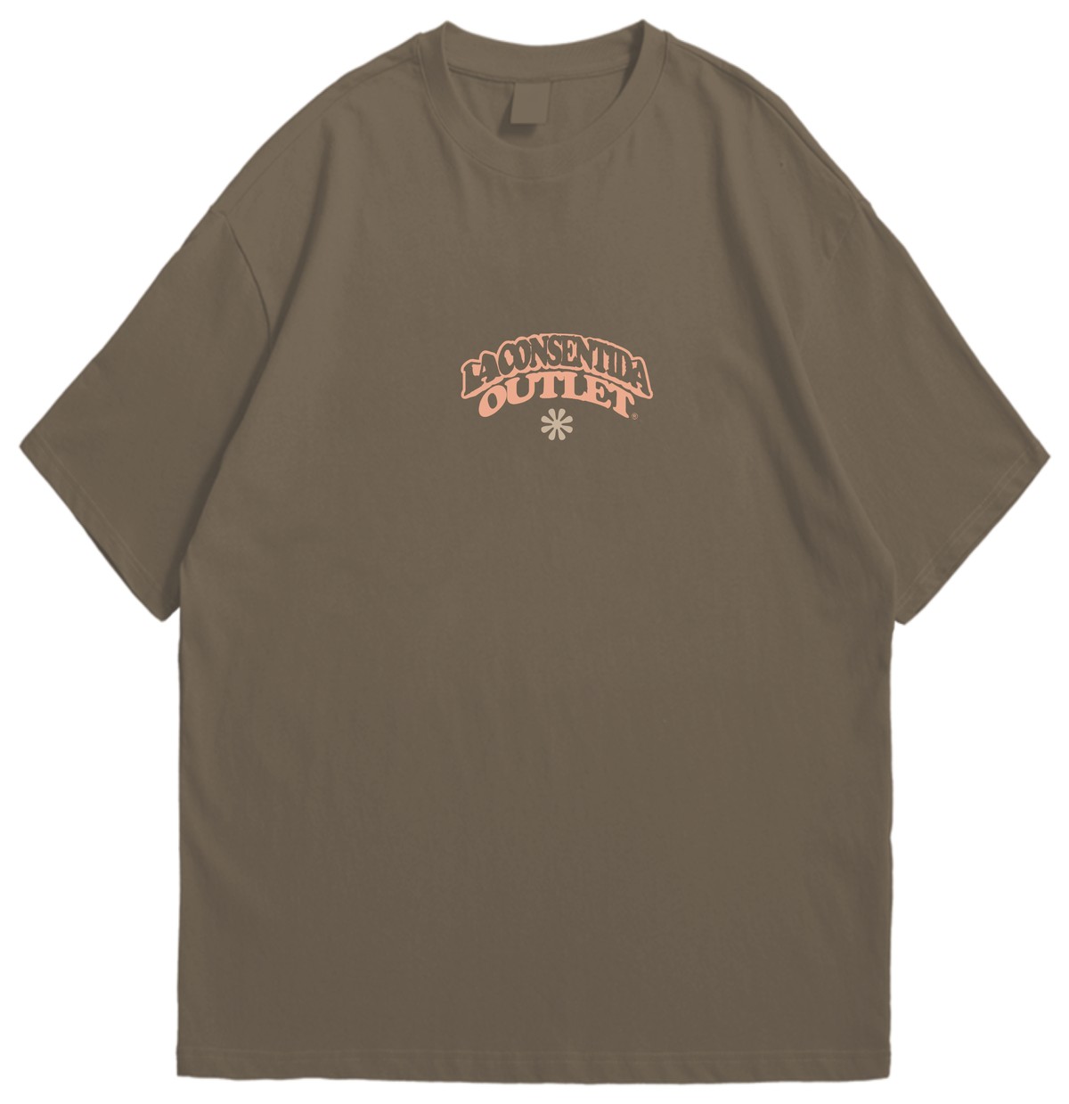 La Consentida Outlet Savings Tee, front, small chest logo, mocha brown