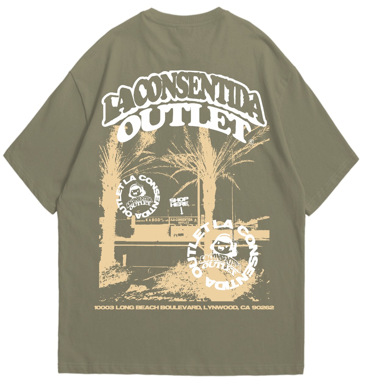 La Consentida Outlet Shop Here Tee, back, storefront graphic with palm trees and address